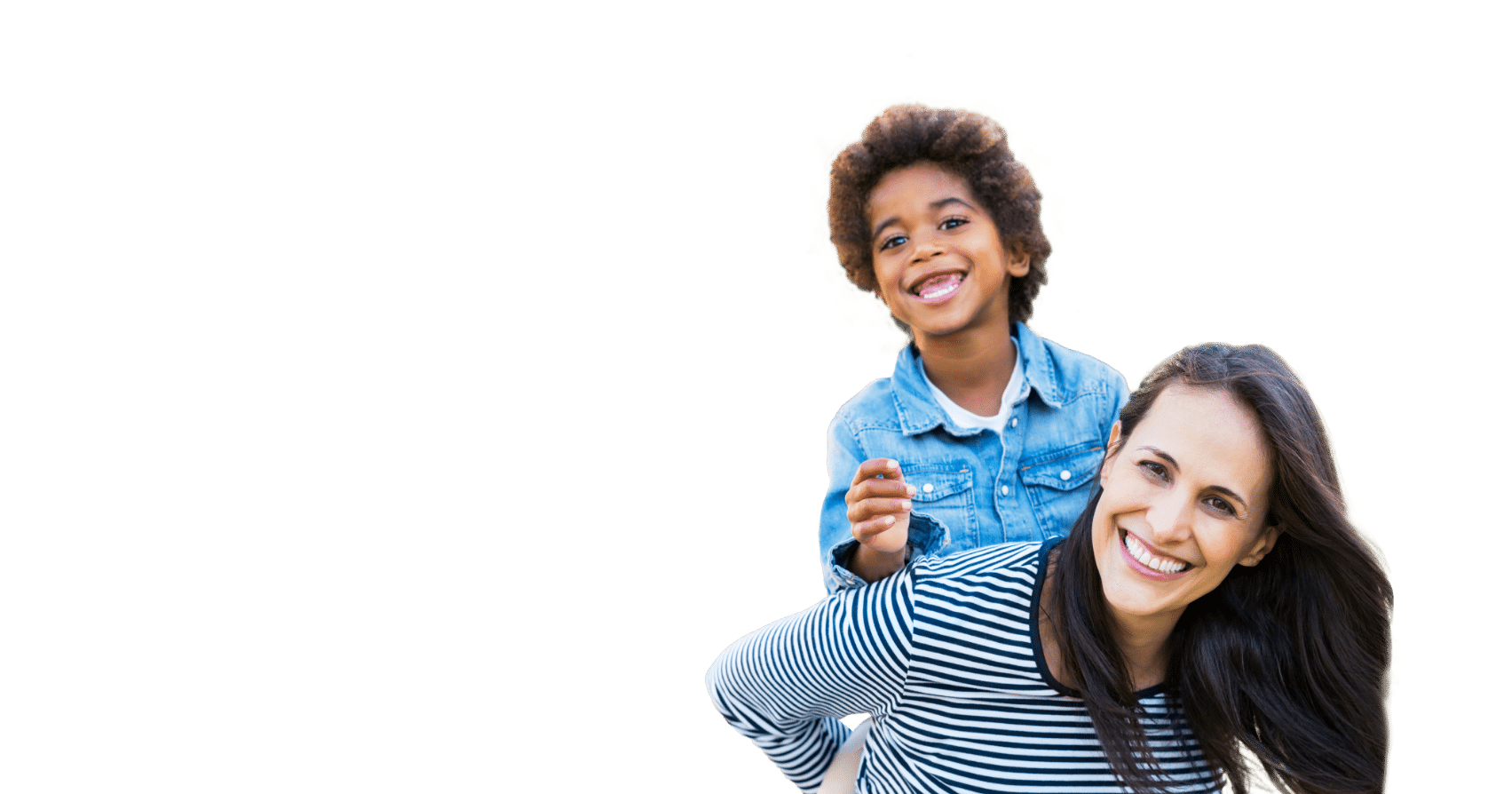 A happy woman carrying a happy child on her back