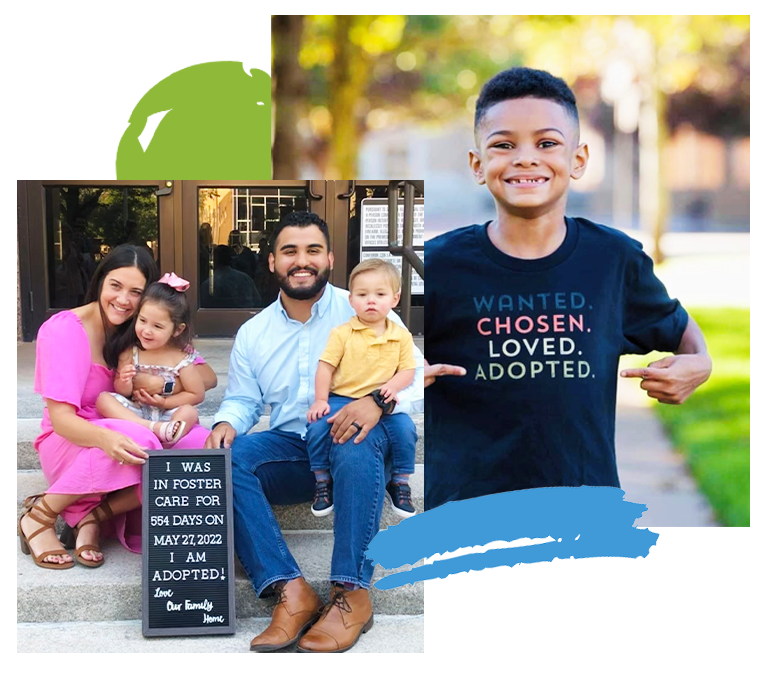 Photo collage of a photo with a couple holding two adopted kids and a photo of a boy pointing at his t-shirt that says, wanted. Chosen. Loved. Adopted.