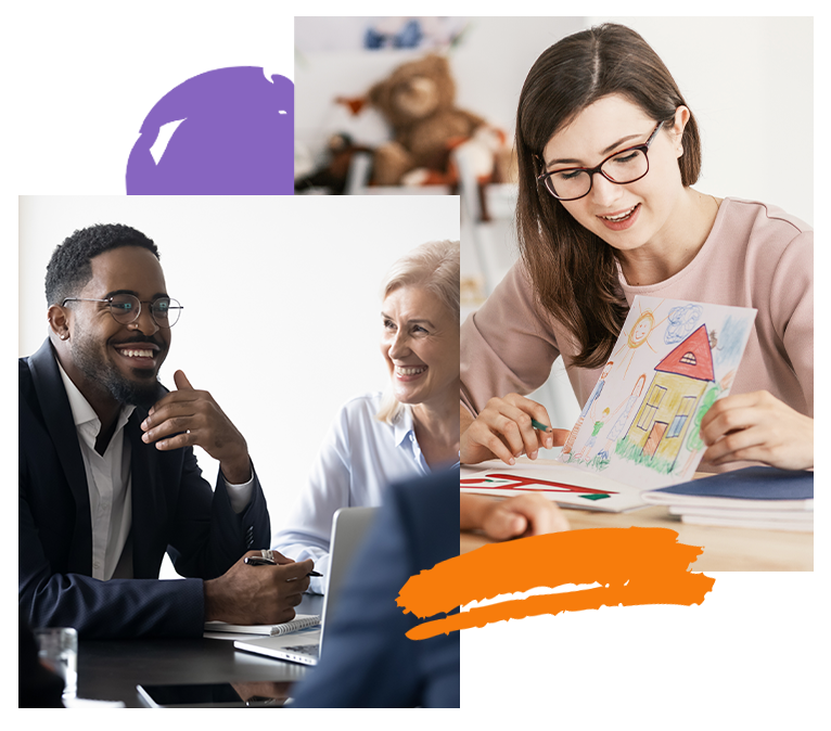 A photo collage of a man taking notes and talking to other people and a photo of a woman looking a kids drawings