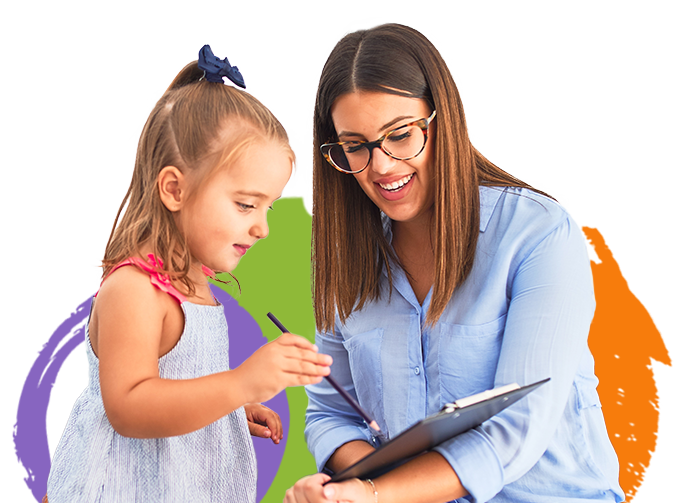 A lady letting a little girl write on her clipboard