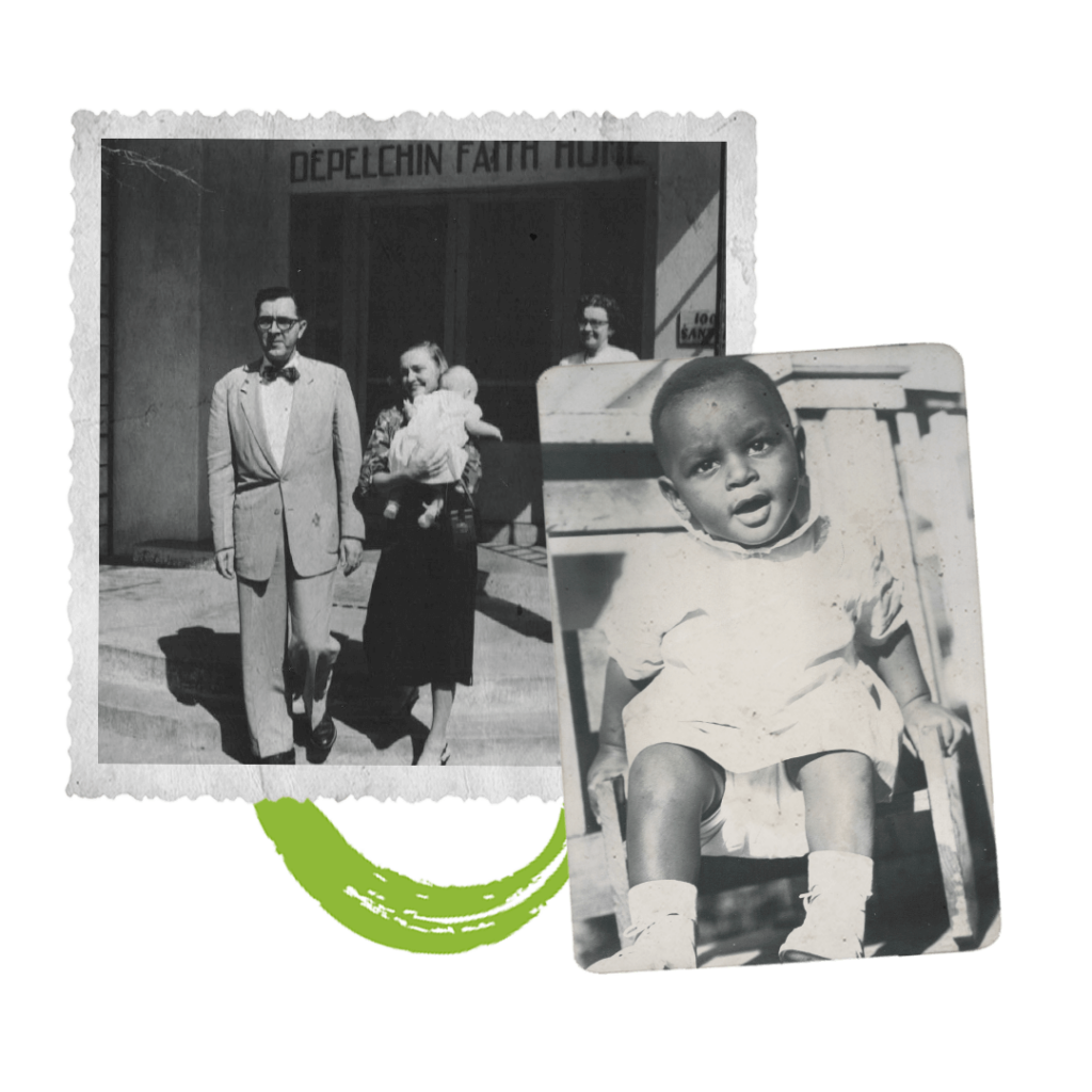 A couple carry a baby in front of DePelchin Faith Home and a photo of a little boy