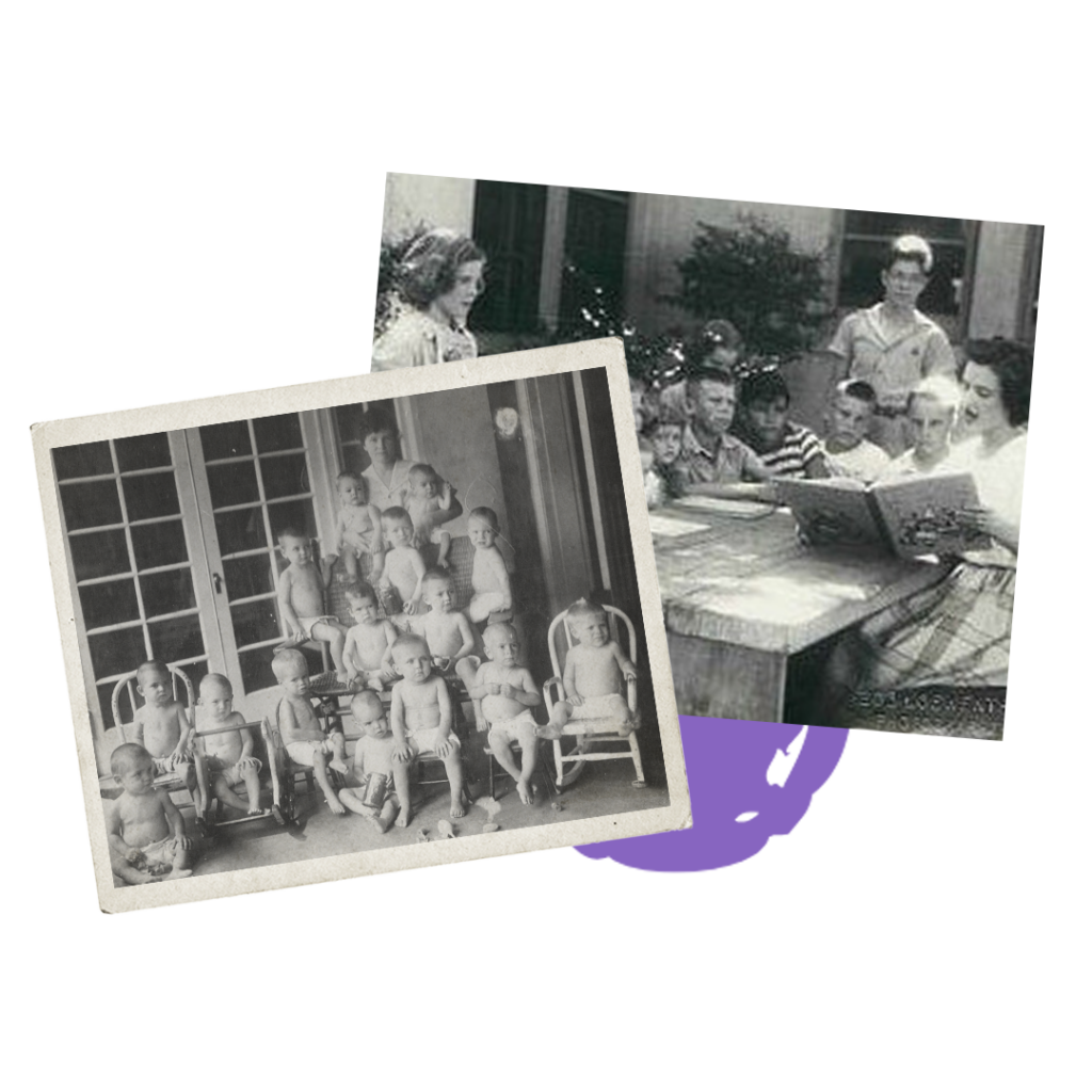 A photo of a lady with lots of little children sitting together and a photo of a lady reading a book to a group children