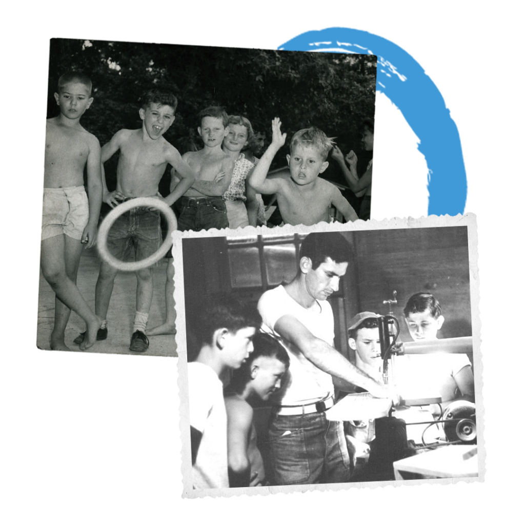 A photo of a man showing young boys woodworking and a photo of a group of kids playing