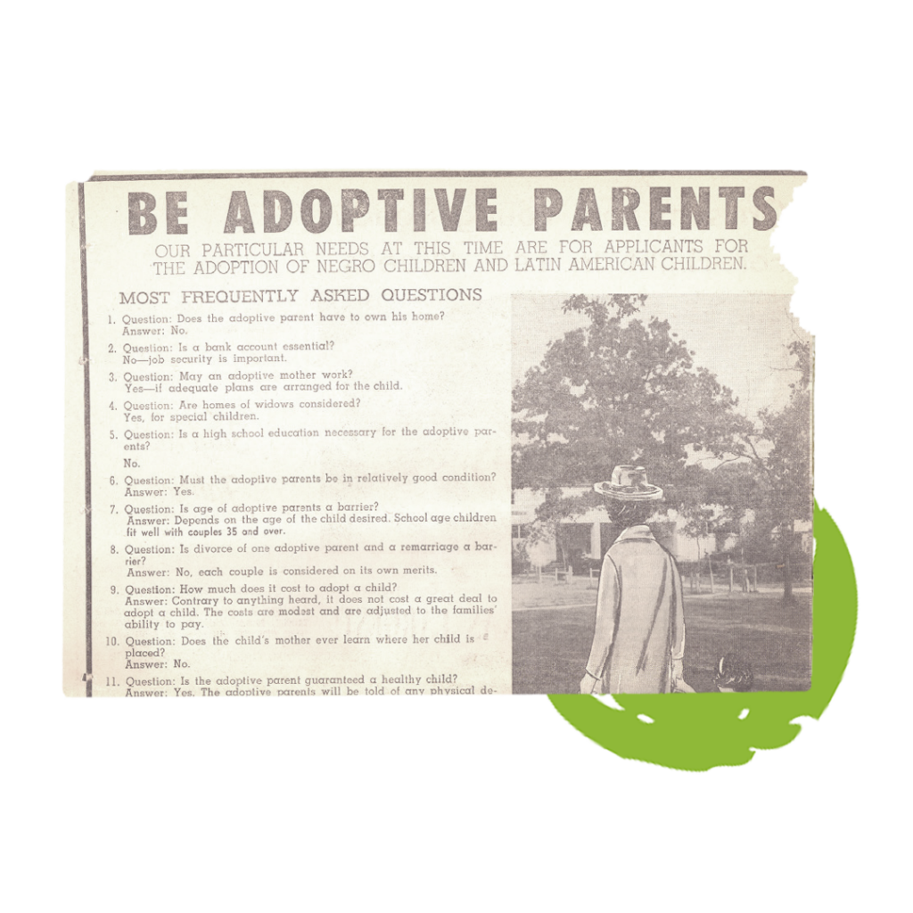A newspaper clipping that says, be adoptive parents