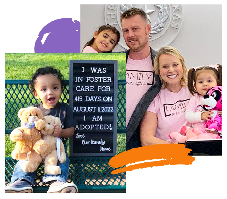 A couple holding their adopted kids and a photo of a boy holding stuffed teddy bears