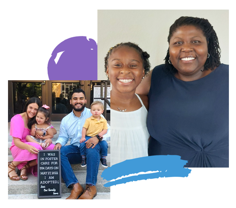 A photo of a couple holding their adopted kids and a lady hugging a young girl