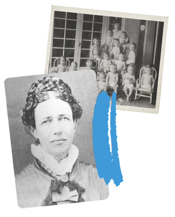 A photo of the founder and a photo of a lady with lots of little children sitting together