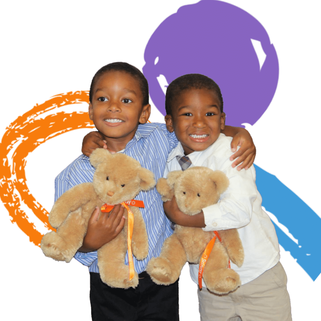 Two boys hugging and hold stuffed teddy bears