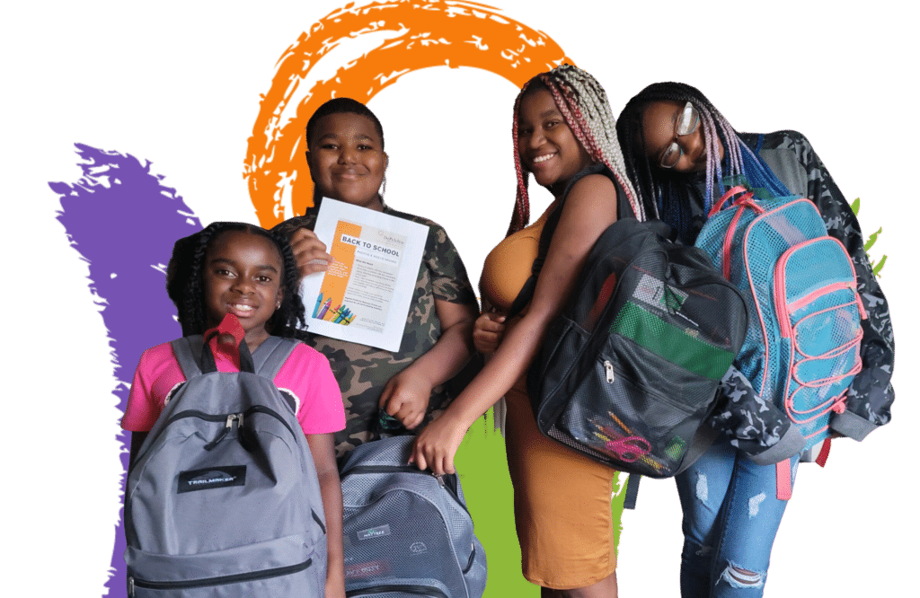 Group of kids with new school supplies