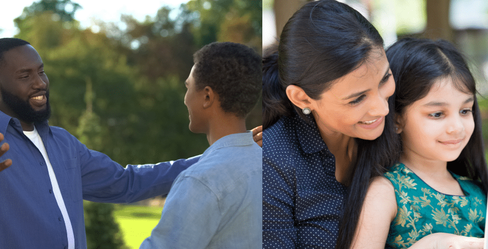 A man reaching out for a hug from his son and a lady holding her daughter